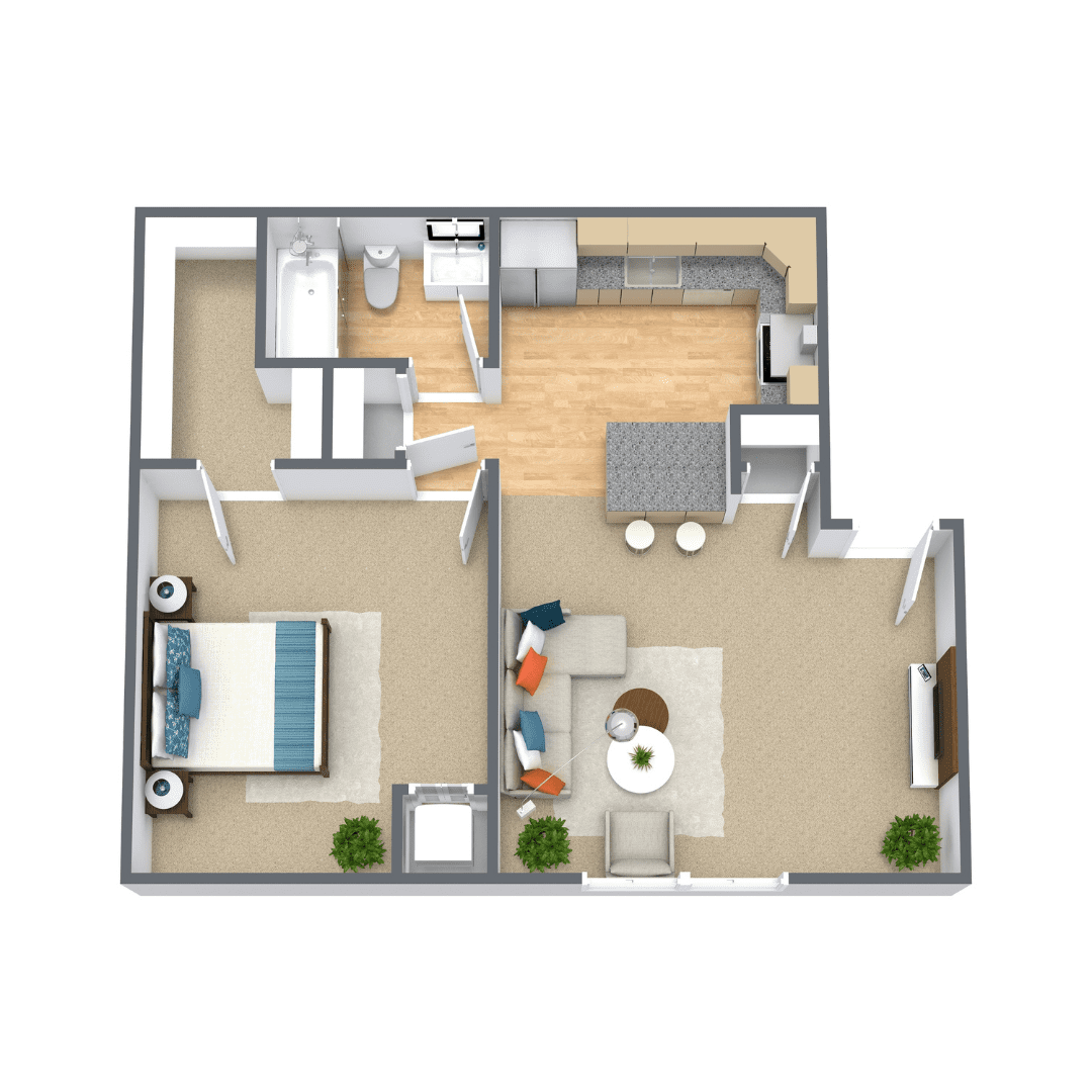 Ashbourne 1 Bedroom Upstairs 3D Floor Plan 1 Bedroom 1 Bathroom Upstairs Called the Ashbourne at Waterford Apartments