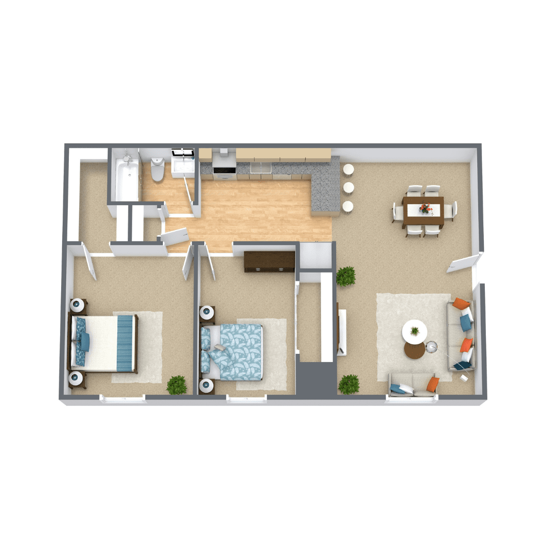 Clifton 2 Bedroom Upstairs 3D Floor Plan 1 Bedroom 1 Bathroom Upstairs Called the Bainbridge at Waterford Apartments